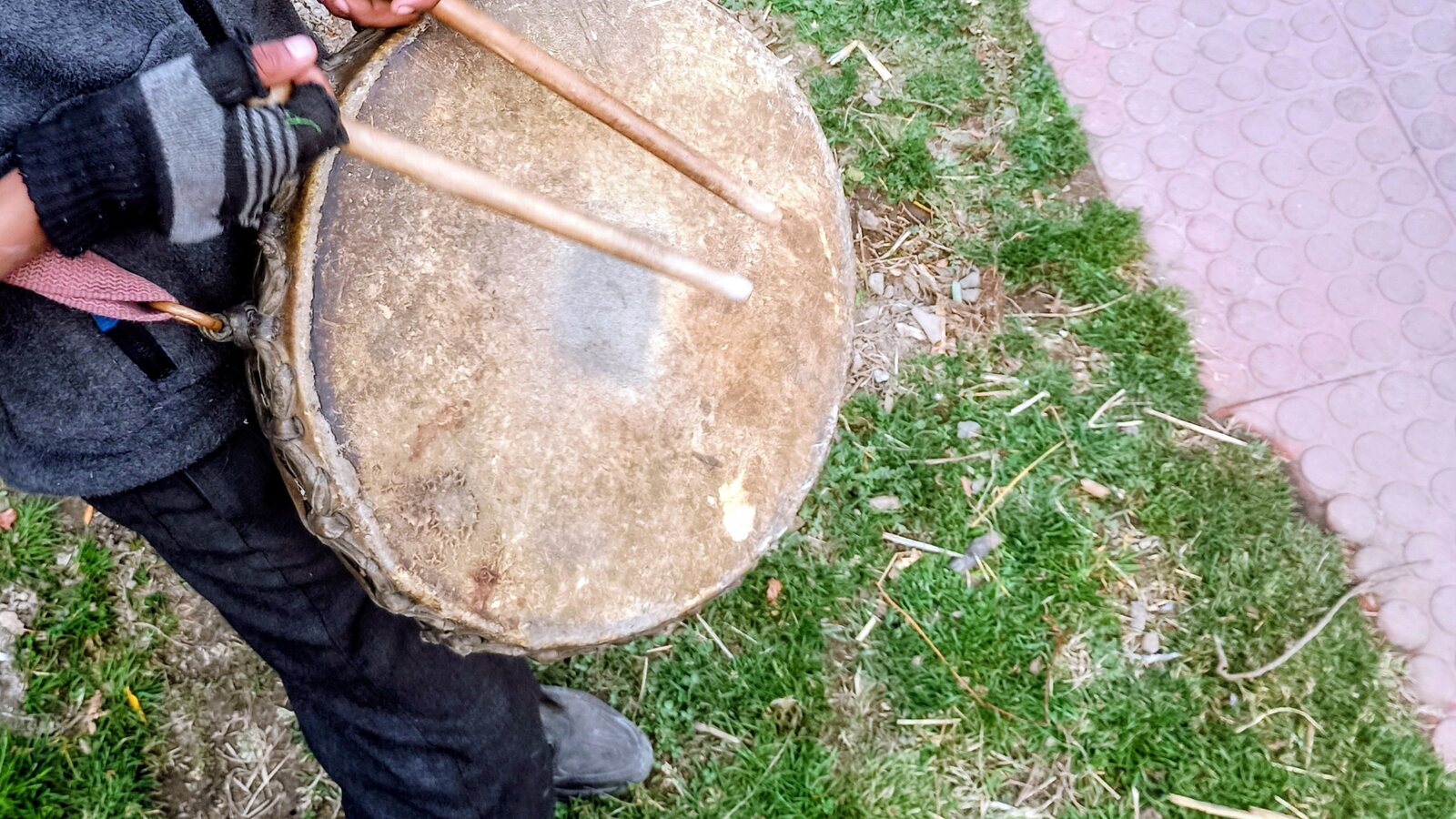 A traditional double-sided drum used in folk performance.